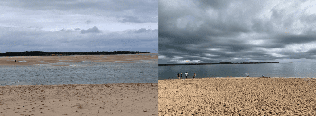 2 images low tide and high tide at the beach