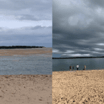 2 images low tide and high tide at the beach